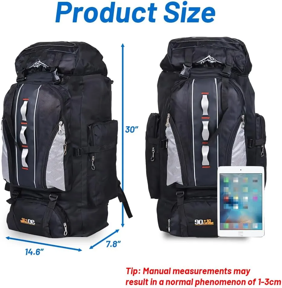 100L Waterproof Hiking Camping Backpack - Lightweight Outdoor Sport Travel Daypack with 90 10L Capacity for Climbing & Touring | Durable Black Backpacking Gear