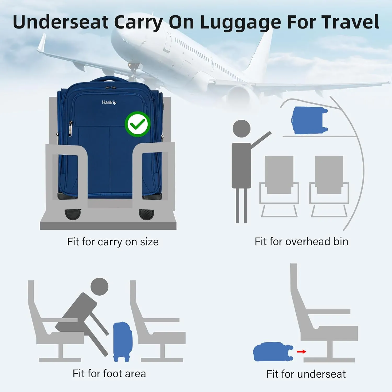 16 Inch Underseat Carry On Luggage with Wheels Softside Small Suitcases Personal Item Bag with Pocket Travel Luggage for Men Women Business Overnight Bag (Blue)