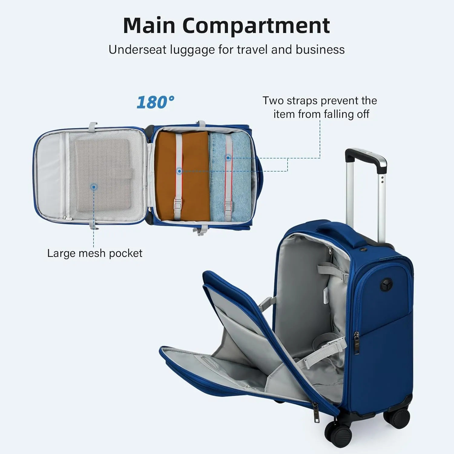 16 Inch Underseat Carry On Luggage with Wheels Softside Small Suitcases Personal Item Bag with Pocket Travel Luggage for Men Women Business Overnight Bag (Blue)