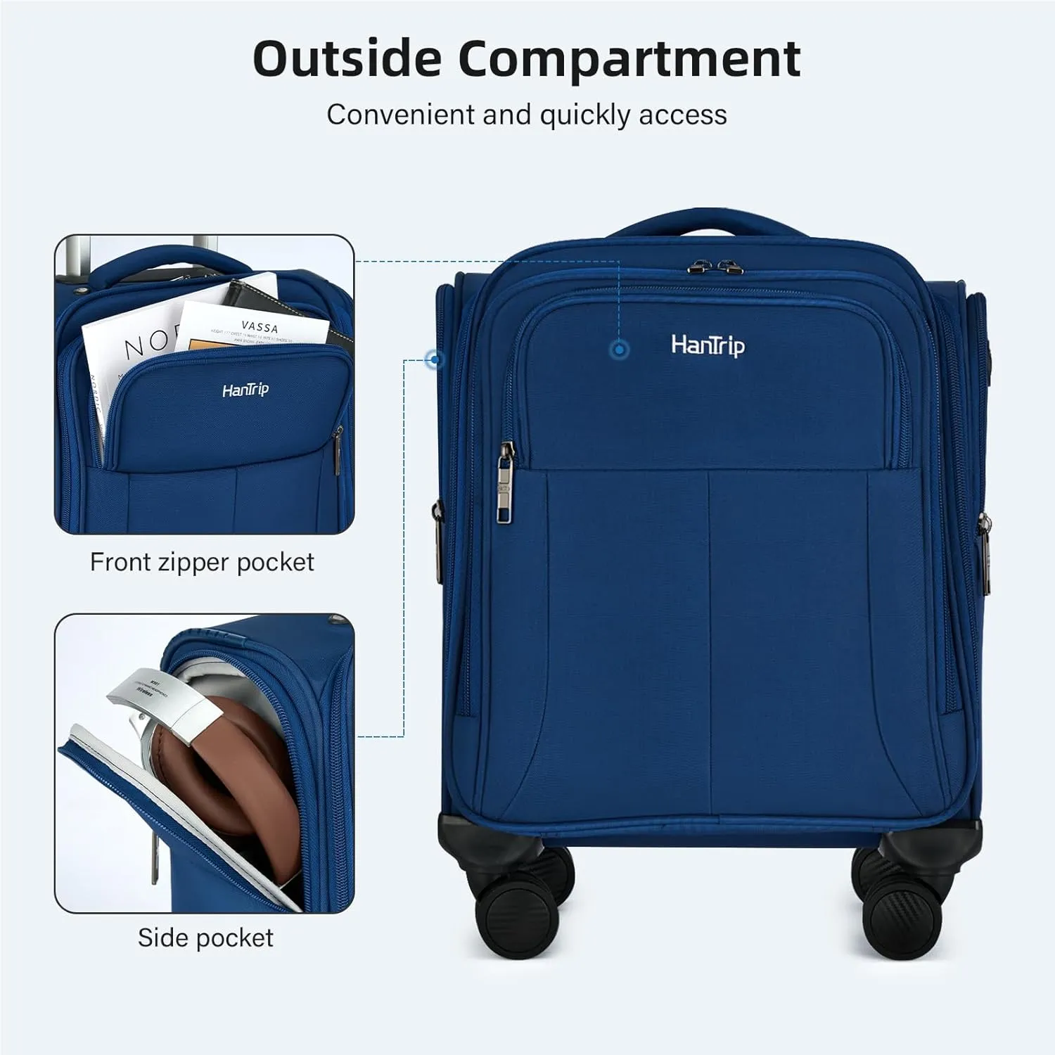 16 Inch Underseat Carry On Luggage with Wheels Softside Small Suitcases Personal Item Bag with Pocket Travel Luggage for Men Women Business Overnight Bag (Blue)