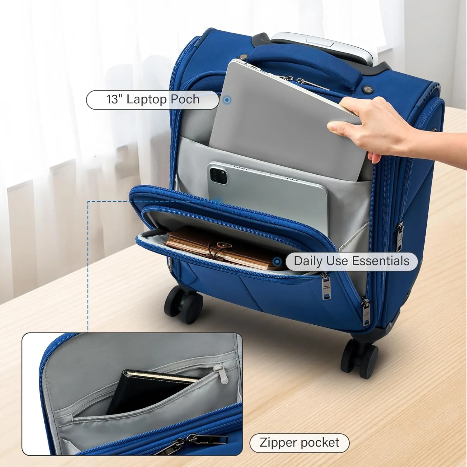 16 Inch Underseat Carry On Luggage with Wheels Softside Small Suitcases Personal Item Bag with Pocket Travel Luggage for Men Women Business Overnight Bag (Blue)