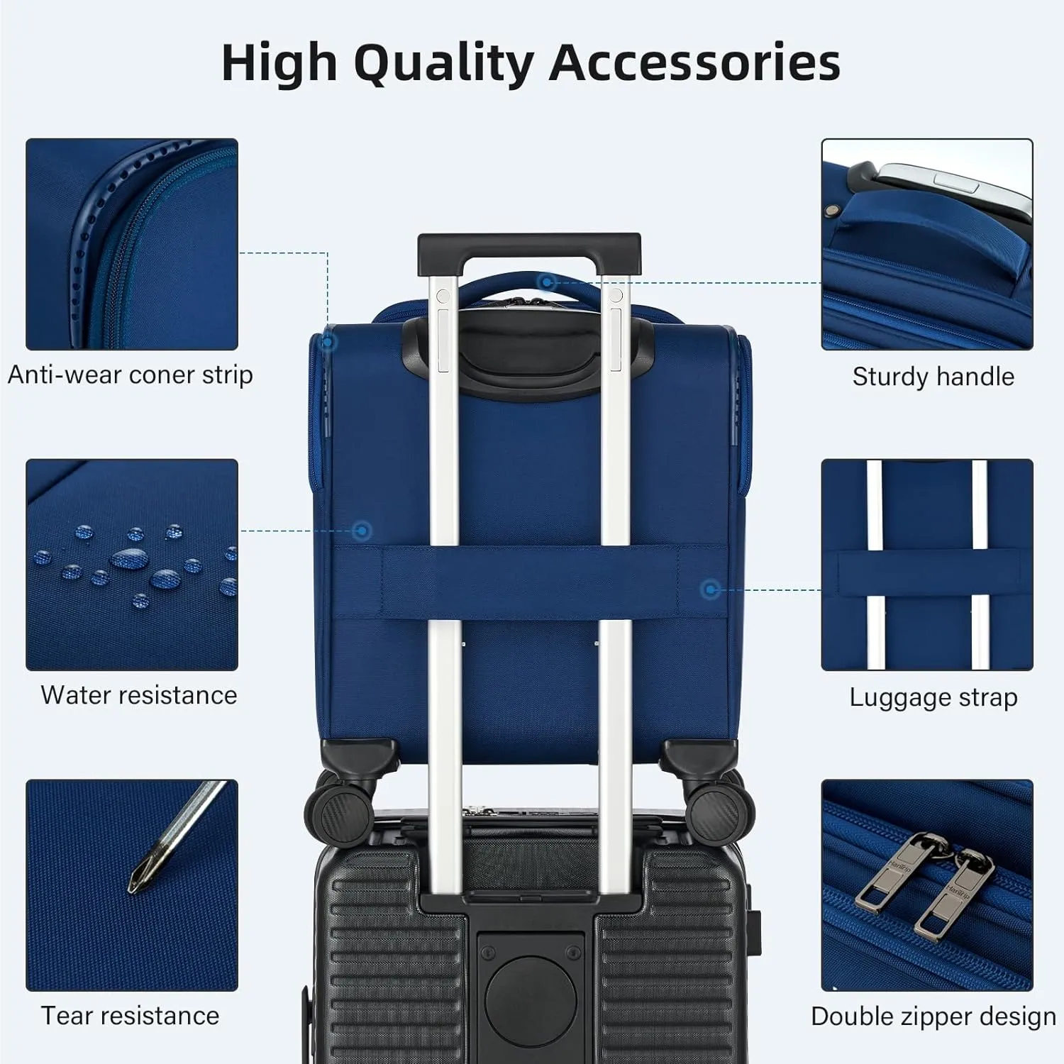 16 Inch Underseat Carry On Luggage with Wheels Softside Small Suitcases Personal Item Bag with Pocket Travel Luggage for Men Women Business Overnight Bag (Blue)