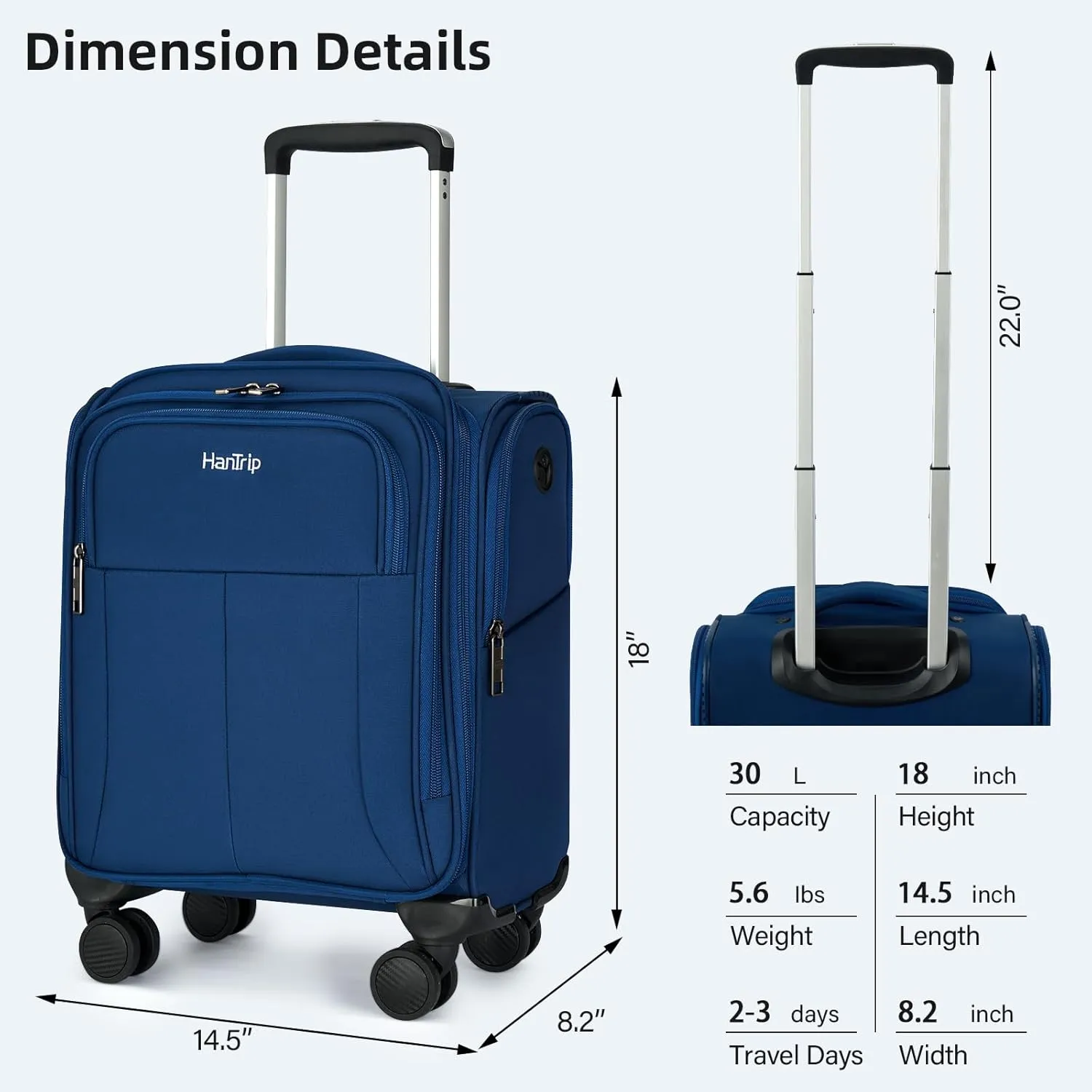 16 Inch Underseat Carry On Luggage with Wheels Softside Small Suitcases Personal Item Bag with Pocket Travel Luggage for Men Women Business Overnight Bag (Blue)
