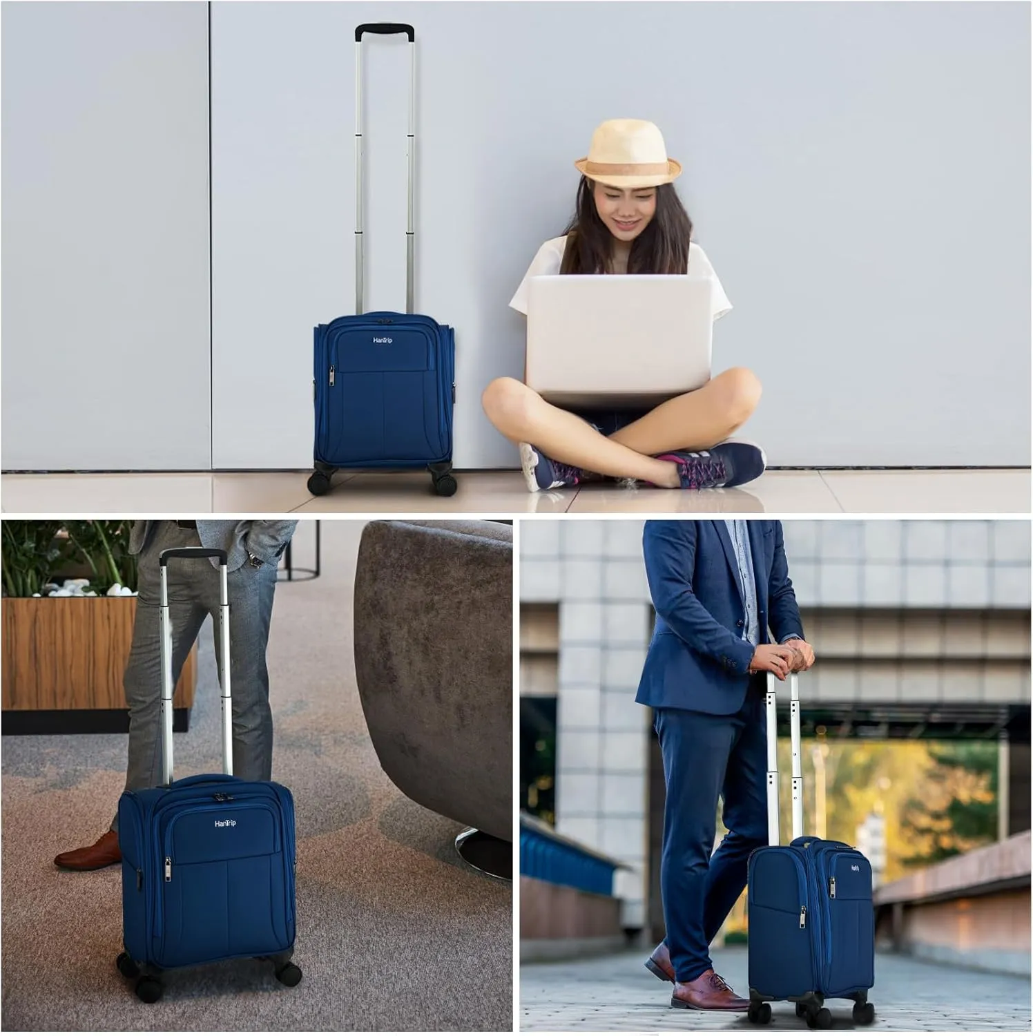 16 Inch Underseat Carry On Luggage with Wheels Softside Small Suitcases Personal Item Bag with Pocket Travel Luggage for Men Women Business Overnight Bag (Blue)