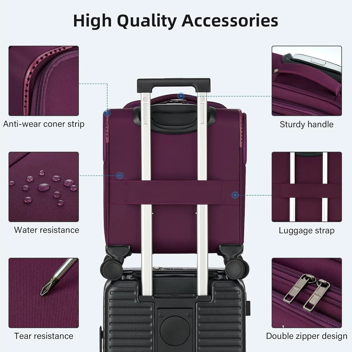 16 Inch Underseat Carry On Luggage with Wheels Softside Small Suitcases Personal Item Bag with Pocket Travel Luggage for Men Women Business Overnight Bag (Purple)