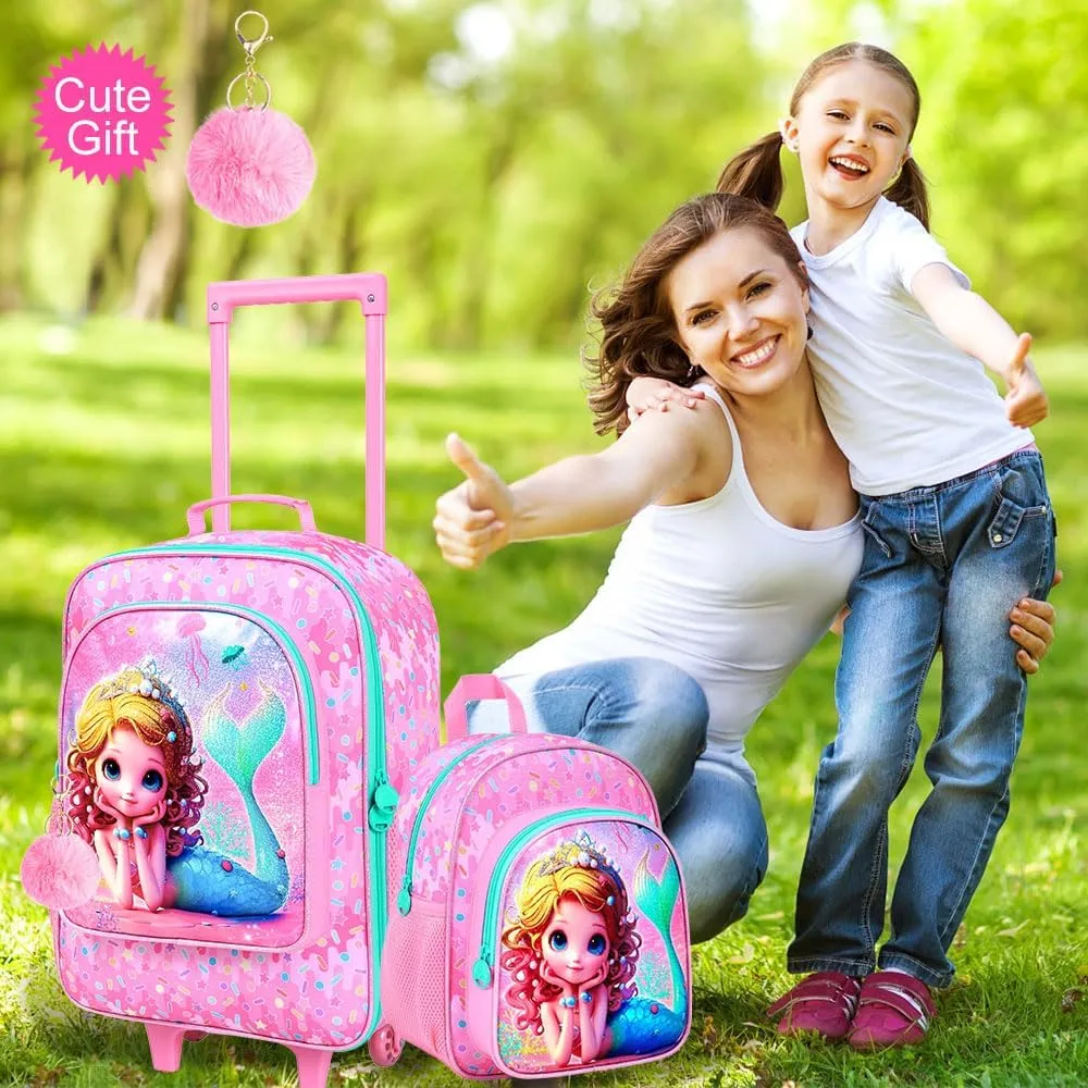 18" Kids Suitcase for Girls, 2Pcs Mermaid Carry on Luggage Set with Wheels, Cute Travel Rolling with 12" Toddler Backpack(Pink)