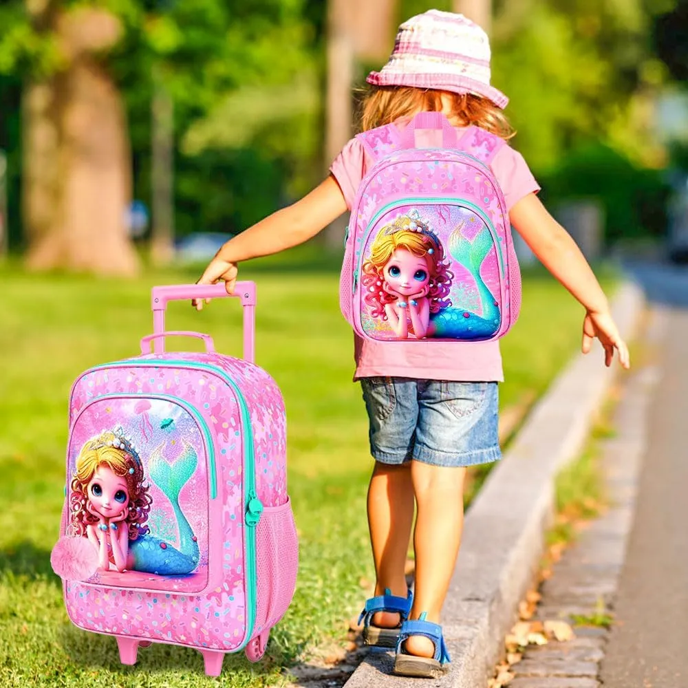 18" Kids Suitcase for Girls, 2Pcs Mermaid Carry on Luggage Set with Wheels, Cute Travel Rolling with 12" Toddler Backpack(Pink)