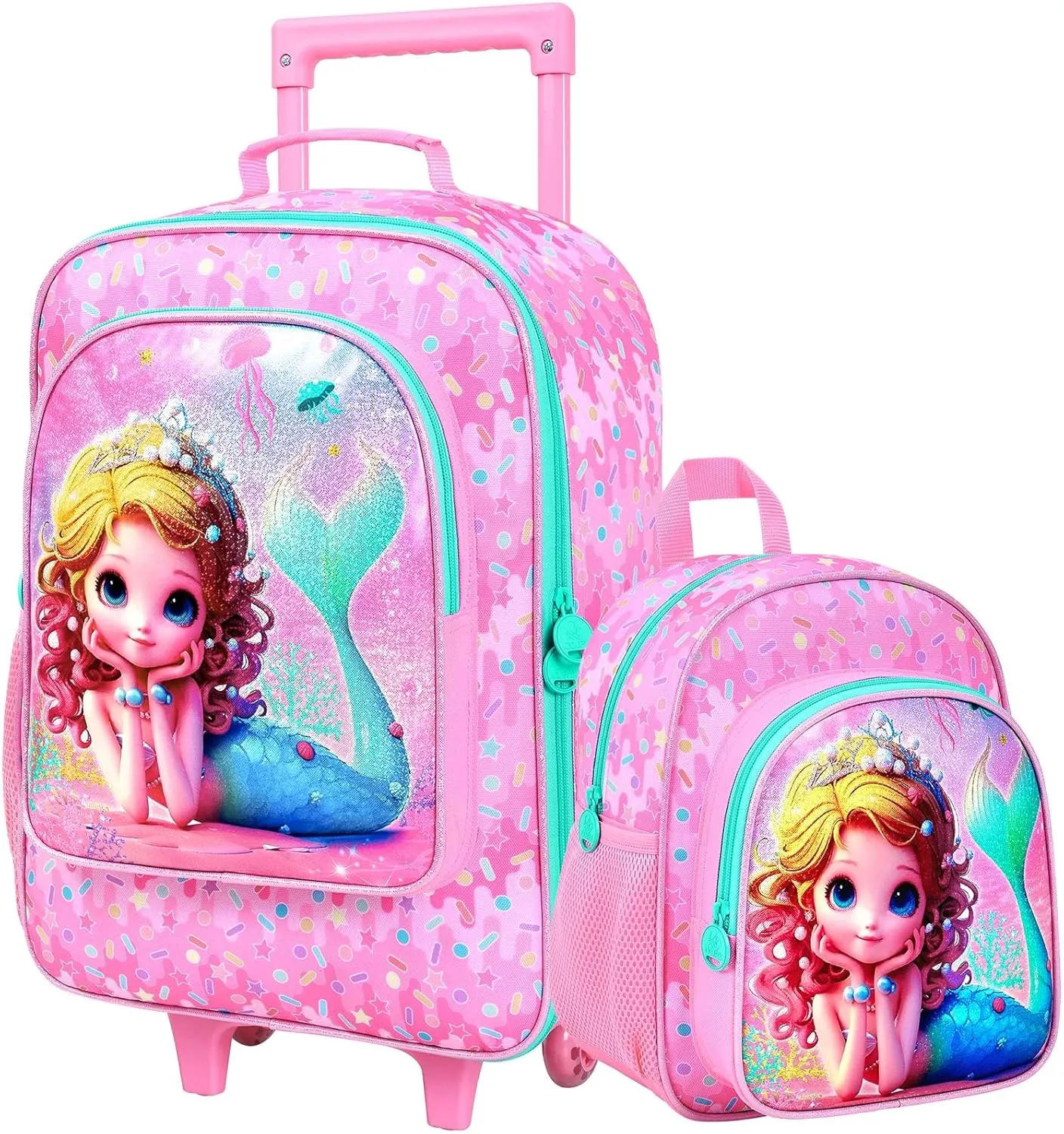 18" Kids Suitcase for Girls, 2Pcs Mermaid Carry on Luggage Set with Wheels, Cute Travel Rolling with 12" Toddler Backpack(Pink)