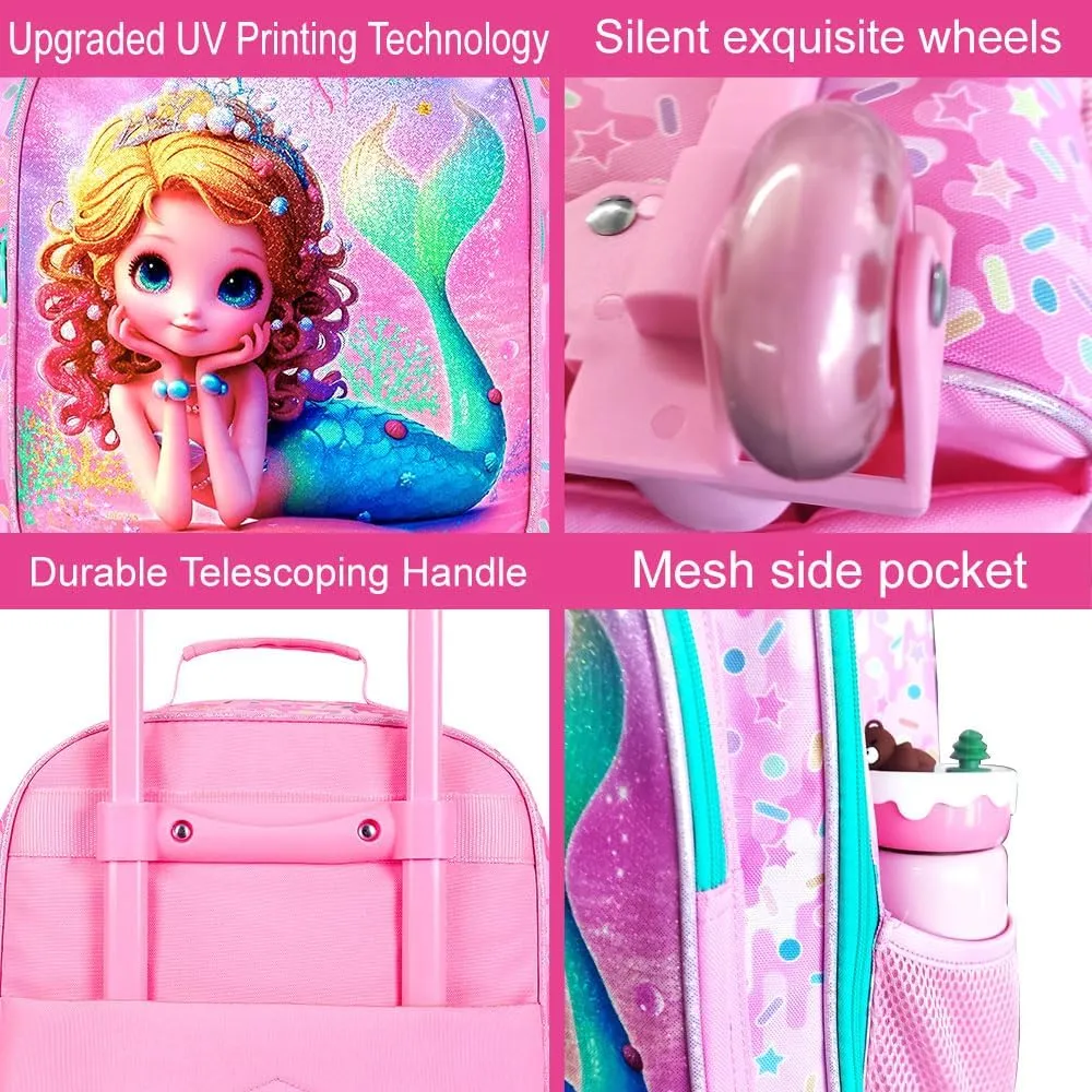 18" Kids Suitcase for Girls, 2Pcs Mermaid Carry on Luggage Set with Wheels, Cute Travel Rolling with 12" Toddler Backpack(Pink)
