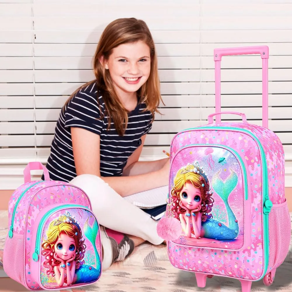 18" Kids Suitcase for Girls, 2Pcs Mermaid Carry on Luggage Set with Wheels, Cute Travel Rolling with 12" Toddler Backpack(Pink)