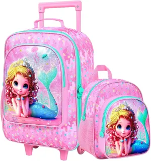 18" Kids Suitcase for Girls, 2Pcs Mermaid Carry on Luggage Set with Wheels, Cute Travel Rolling with 12" Toddler Backpack(Pink)
