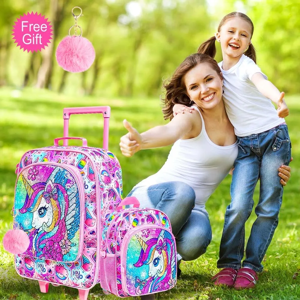 18" Kids Suitcase Set, 2Pcs Girls Unicorn Carry on Luggage with Wheels, Cute Sequin Children Travel Rolling with 12" Toddler Backpack(Pink)