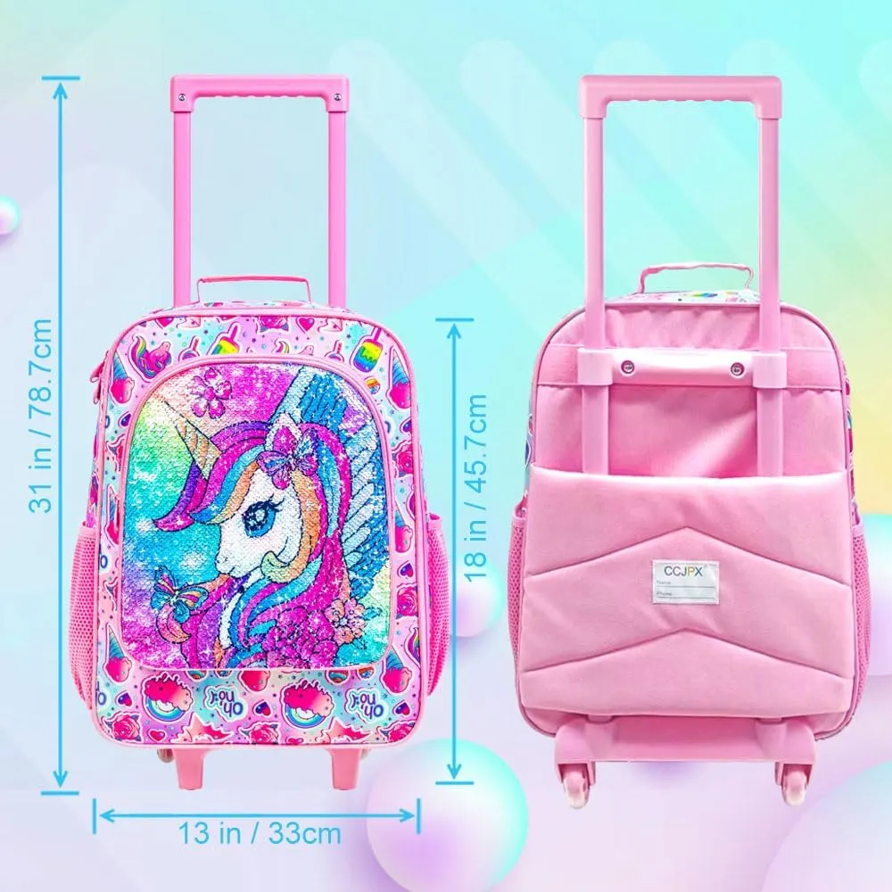 18" Kids Suitcase Set, 2Pcs Girls Unicorn Carry on Luggage with Wheels, Cute Sequin Children Travel Rolling with 12" Toddler Backpack(Pink)