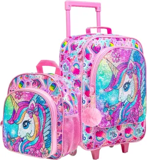 18" Kids Suitcase Set, 2Pcs Girls Unicorn Carry on Luggage with Wheels, Cute Sequin Children Travel Rolling with 12" Toddler Backpack(Pink)