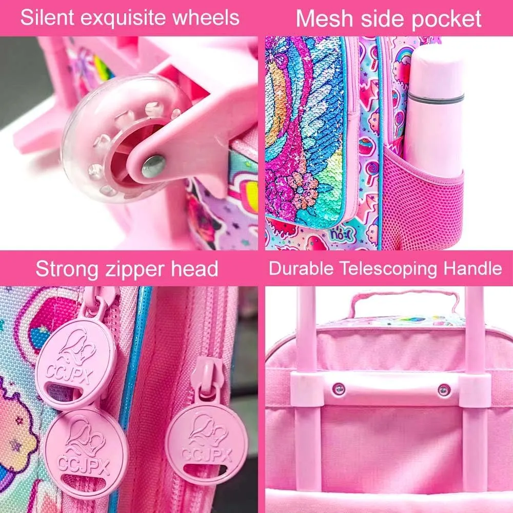 18" Kids Suitcase Set, 2Pcs Girls Unicorn Carry on Luggage with Wheels, Cute Sequin Children Travel Rolling with 12" Toddler Backpack(Pink)