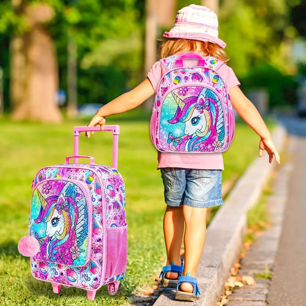 18" Kids Suitcase Set, 2Pcs Girls Unicorn Carry on Luggage with Wheels, Cute Sequin Children Travel Rolling with 12" Toddler Backpack(Pink)
