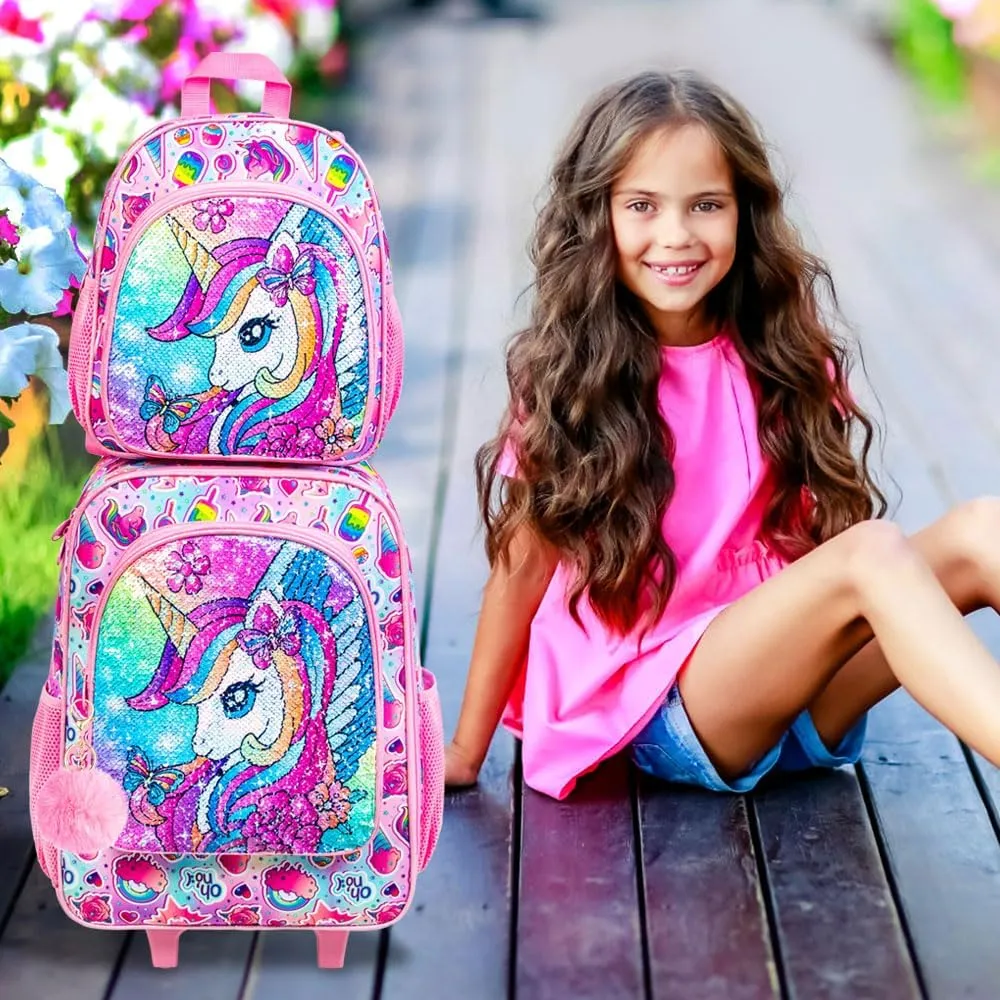 18" Kids Suitcase Set, 2Pcs Girls Unicorn Carry on Luggage with Wheels, Cute Sequin Children Travel Rolling with 12" Toddler Backpack(Pink)