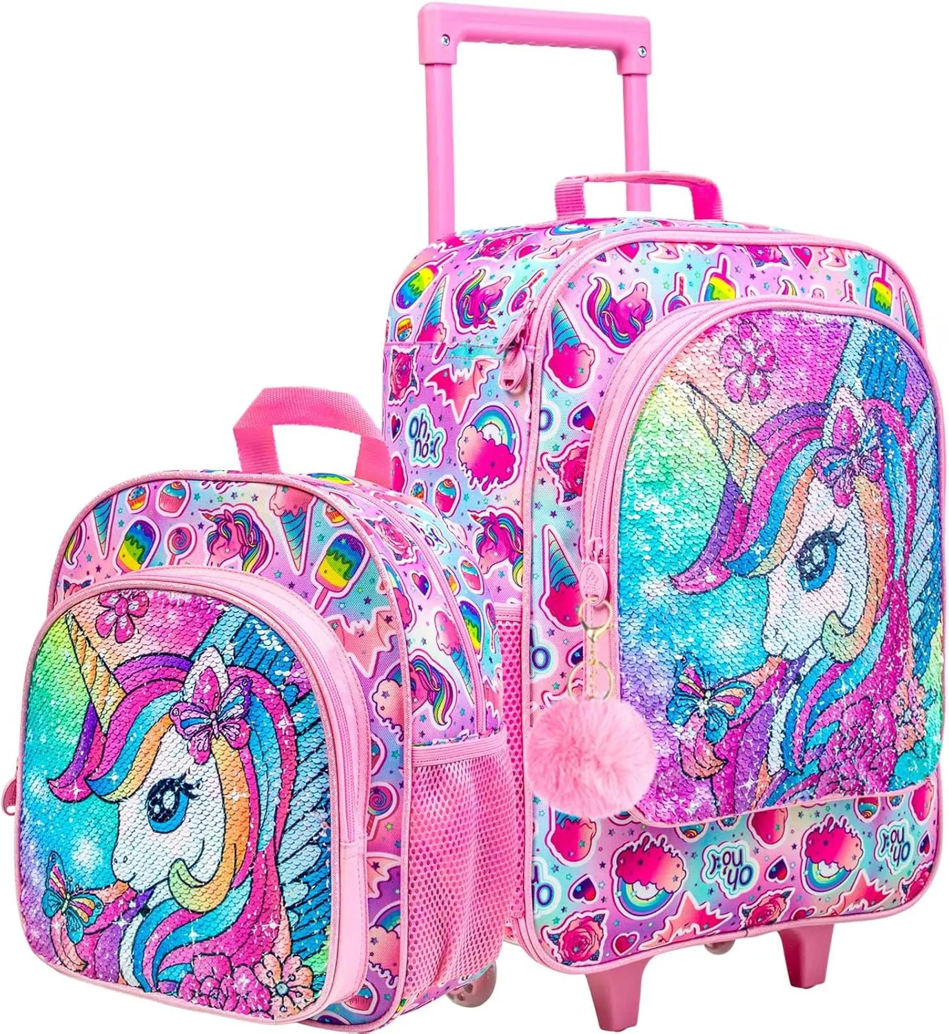 18" Kids Suitcase Set, 2Pcs Girls Unicorn Carry on Luggage with Wheels, Cute Sequin Children Travel Rolling with 12" Toddler Backpack(Pink)