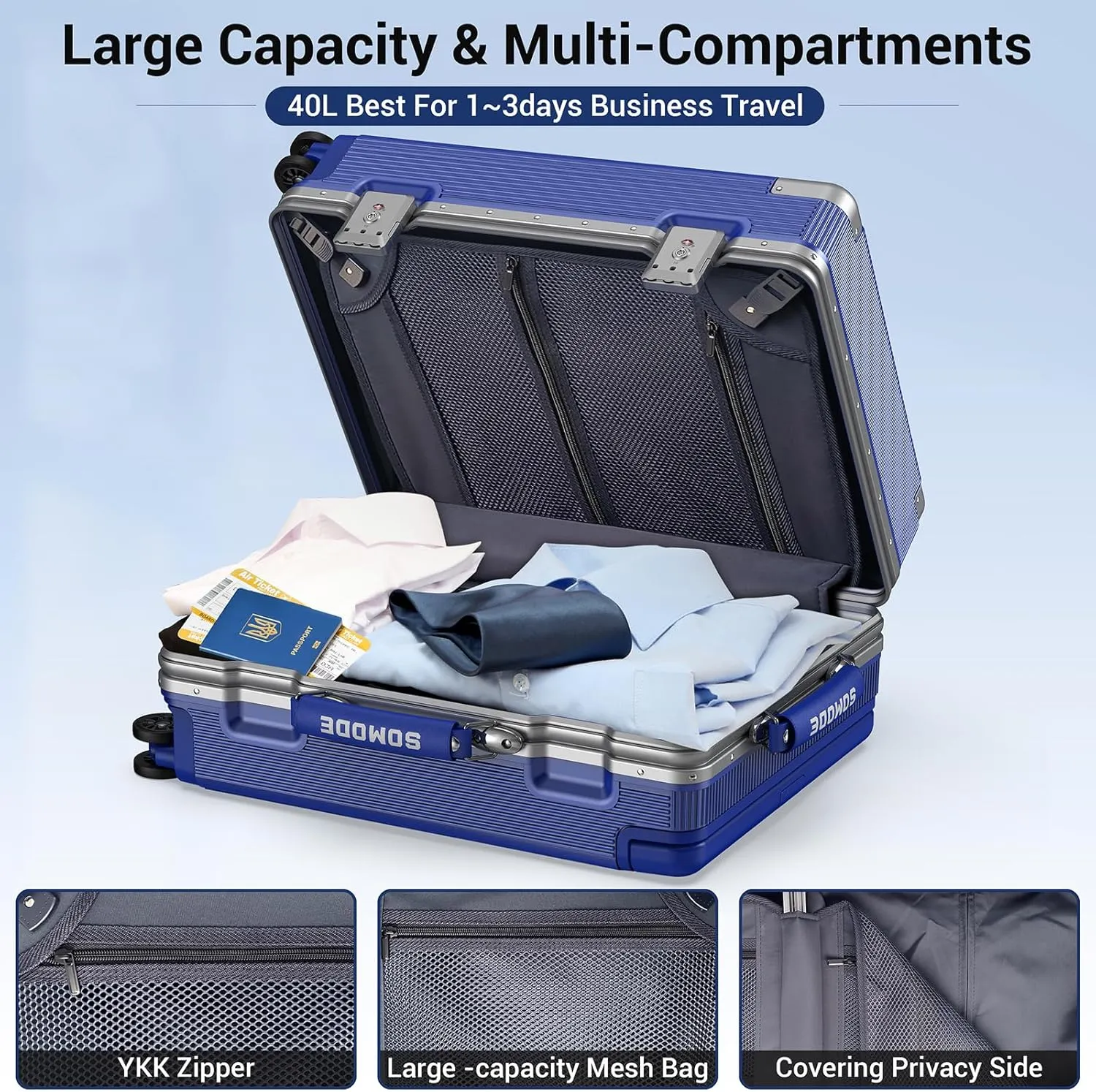 20 inch Fashion Carry on Luggage, Wide Handle Suitcases, Rolling Luggage for Trips, Airline Approved Suitcase, TSA Lock. (02-Klein Blue)