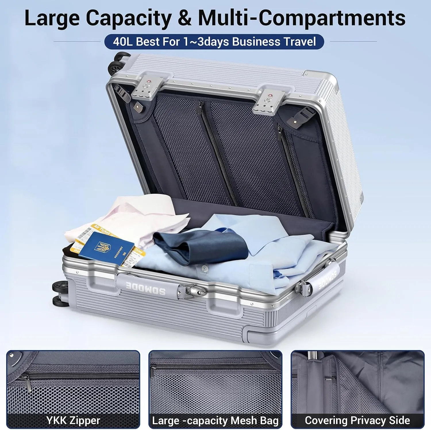 20 inch Fashion Carry on Luggage, Wide Handle Suitcases, Rolling Luggage for Trips, Airline Approved Suitcase, TSA Lock. (02-Silvery)