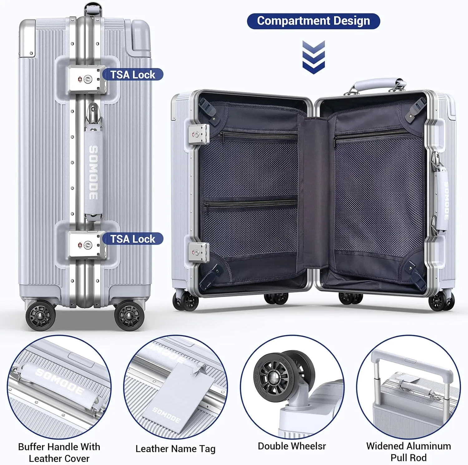 20 inch Fashion Carry on Luggage, Wide Handle Suitcases, Rolling Luggage for Trips, Airline Approved Suitcase, TSA Lock. (02-Silvery)