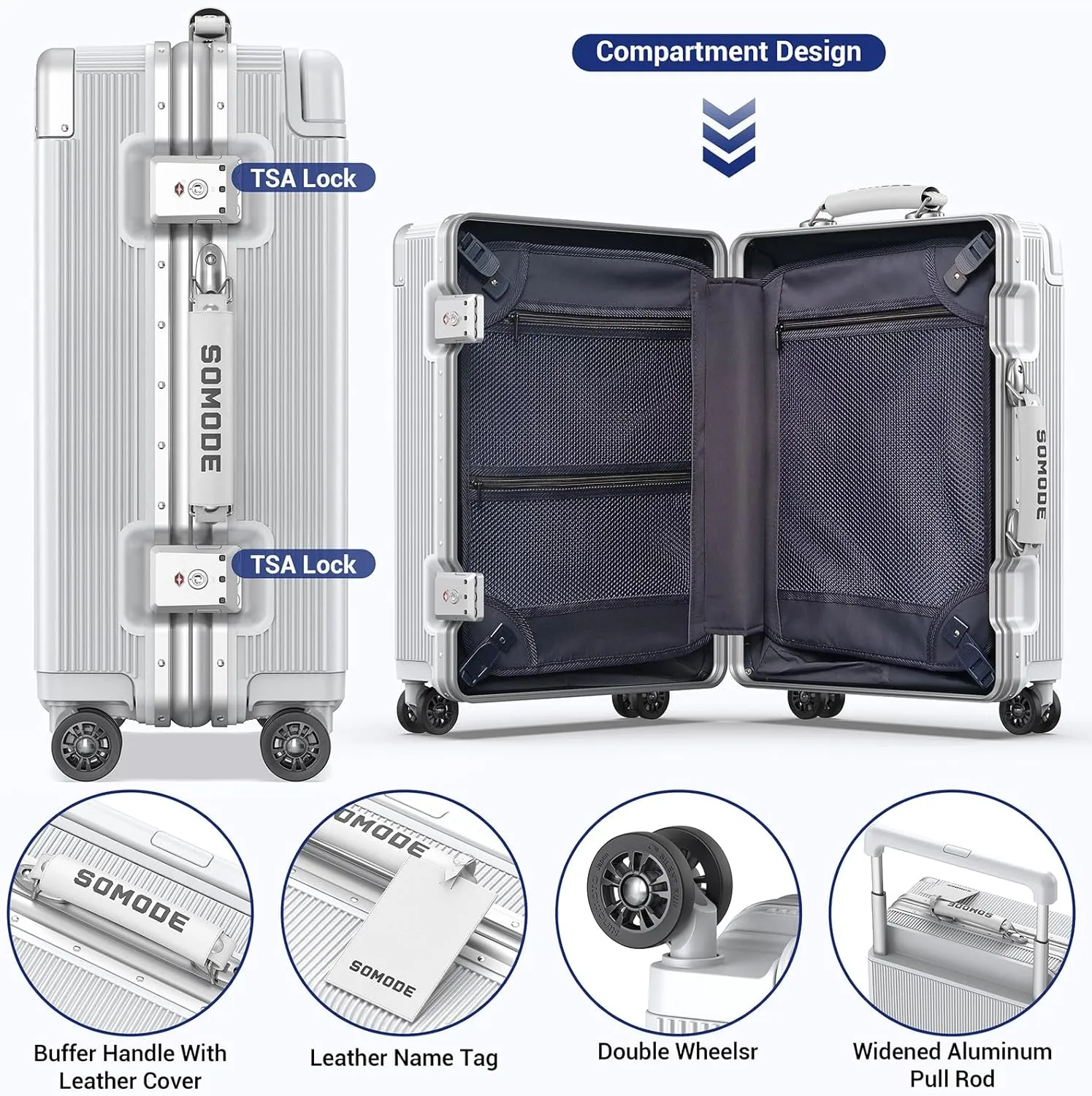 20 inch Fashion Carry on Luggage, Wide Handle Suitcases, Rolling Luggage for Trips, Airline Approved Suitcase, TSA Lock.(WHITE-02)