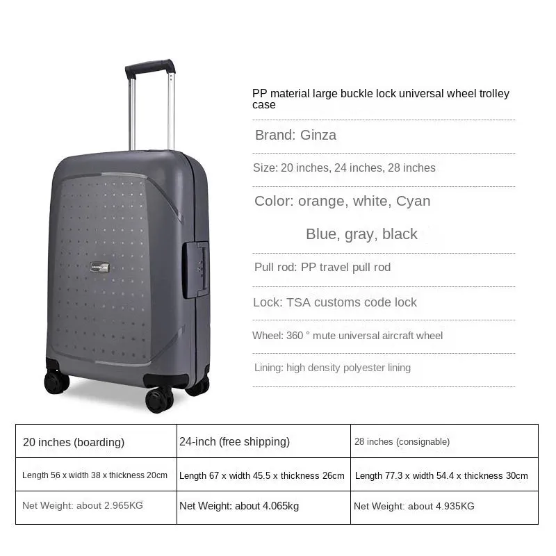20"24"28" Inch Trolley Case 100% PP Anti-scraping Rolling Luggage Spinner UltraLight Travel Suitcase Hardside Luggage