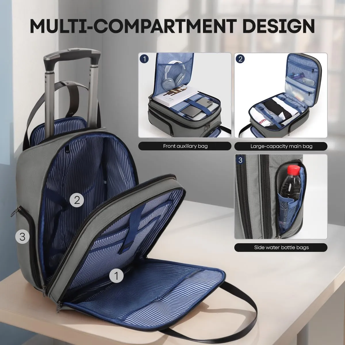 2in1 Travel Rolling Backpack Handbag Rolling Carry on Luggage with Wheels for Adult