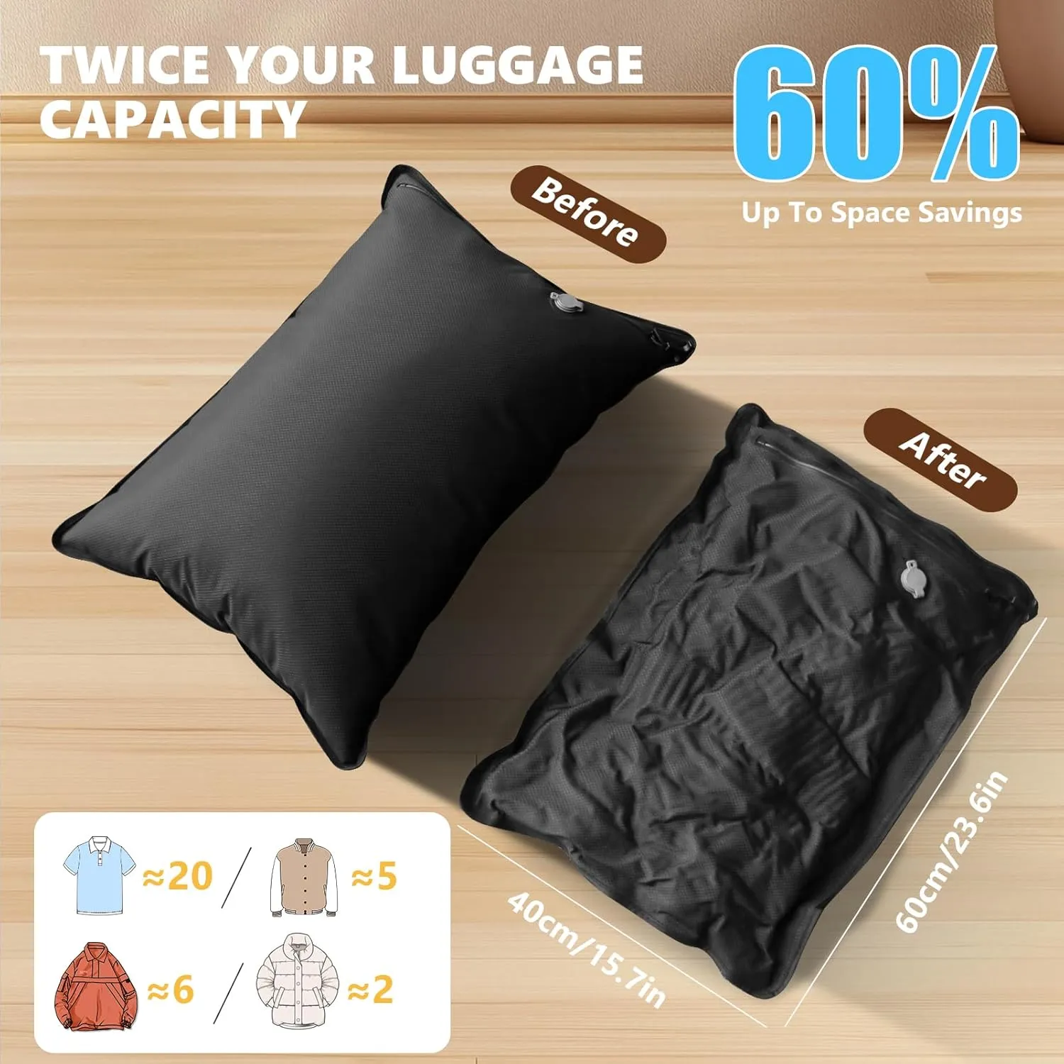 2PC Professional Vacuum Bags for Travel, Dobaly IP67 Reusable Vacuum Compression Bags for Suitcases and Backpack Space Saver Vacuum Bags Lightweight&Durable(2 Medium No Pump)