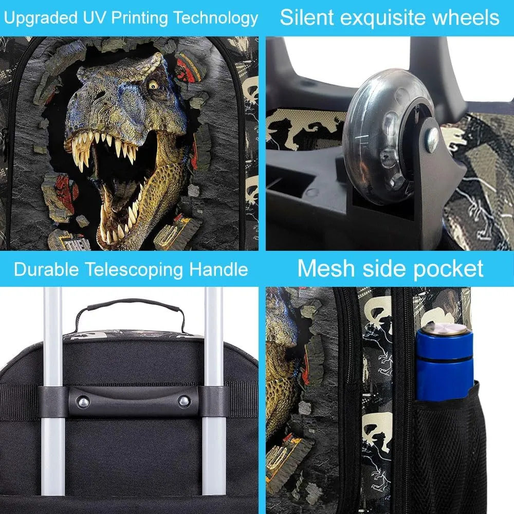 2Pcs Boys Suitcase Set, 18" Dinosaur Kids Carry on Luggage with Wheels, Cute Children Travel Rolling with 12" Toddler Backpack(Black)