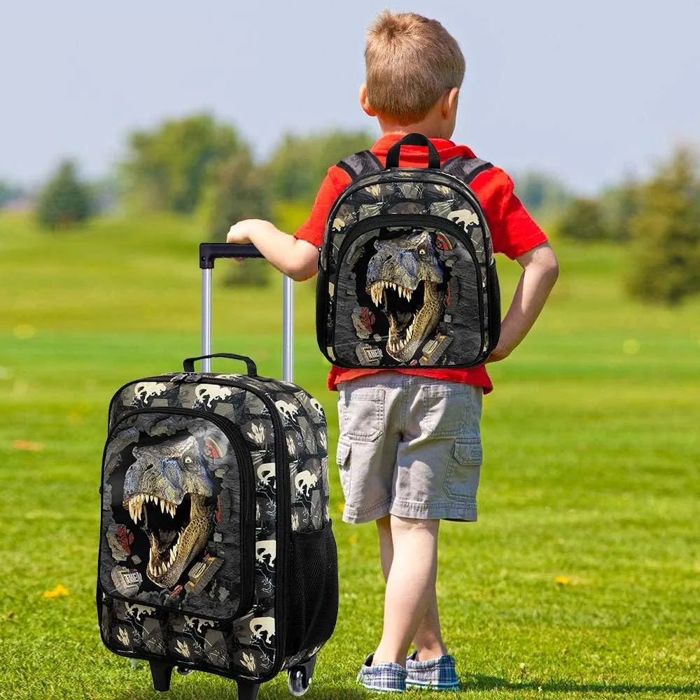 2Pcs Boys Suitcase Set, 18" Dinosaur Kids Carry on Luggage with Wheels, Cute Children Travel Rolling with 12" Toddler Backpack(Black)