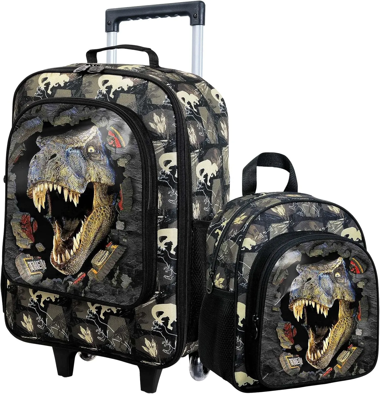 2Pcs Boys Suitcase Set, 18" Dinosaur Kids Carry on Luggage with Wheels, Cute Children Travel Rolling with 12" Toddler Backpack(Black)