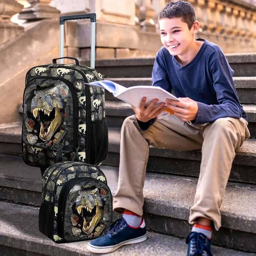 2Pcs Boys Suitcase Set, 18" Dinosaur Kids Carry on Luggage with Wheels, Cute Children Travel Rolling with 12" Toddler Backpack(Black)