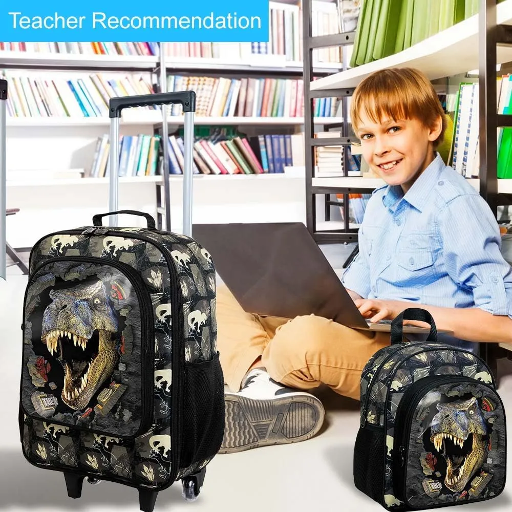 2Pcs Boys Suitcase Set, 18" Dinosaur Kids Carry on Luggage with Wheels, Cute Children Travel Rolling with 12" Toddler Backpack(Black)