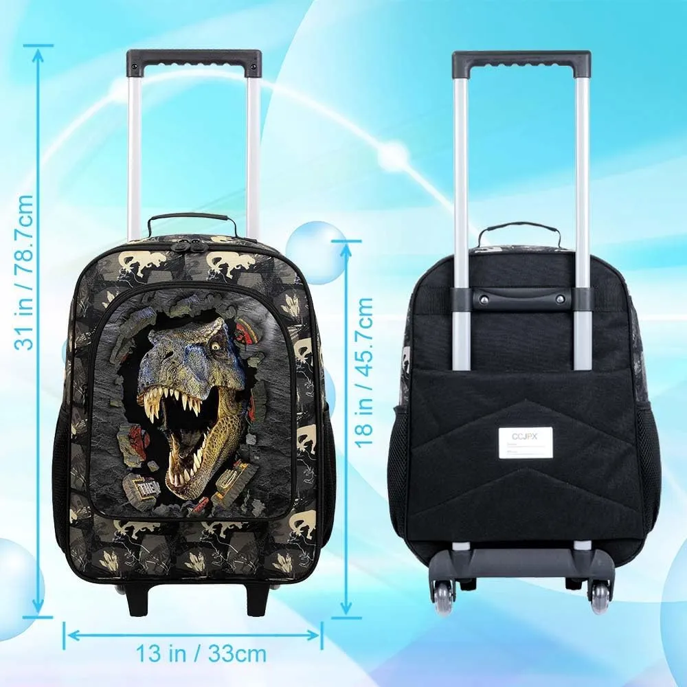 2Pcs Boys Suitcase Set, 18" Dinosaur Kids Carry on Luggage with Wheels, Cute Children Travel Rolling with 12" Toddler Backpack(Black)