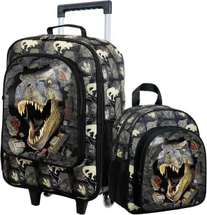 2Pcs Boys Suitcase Set, 18" Dinosaur Kids Carry on Luggage with Wheels, Cute Children Travel Rolling with 12" Toddler Backpack(Black)
