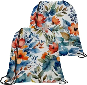 2PCS Flowers and Green Leaves Drawstring Bags Drawstring Gym Bag