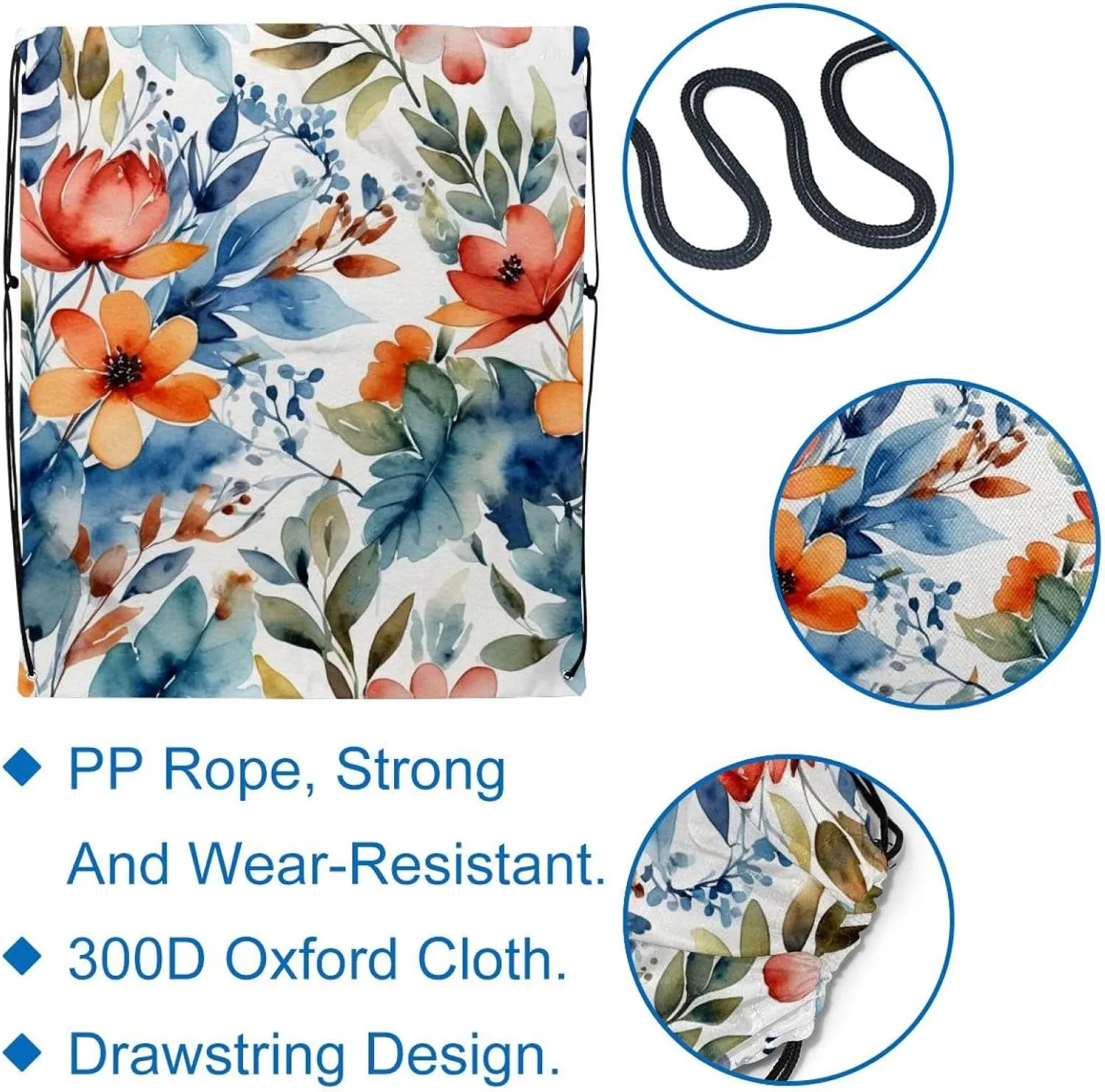 2PCS Flowers and Green Leaves Drawstring Bags Drawstring Gym Bag