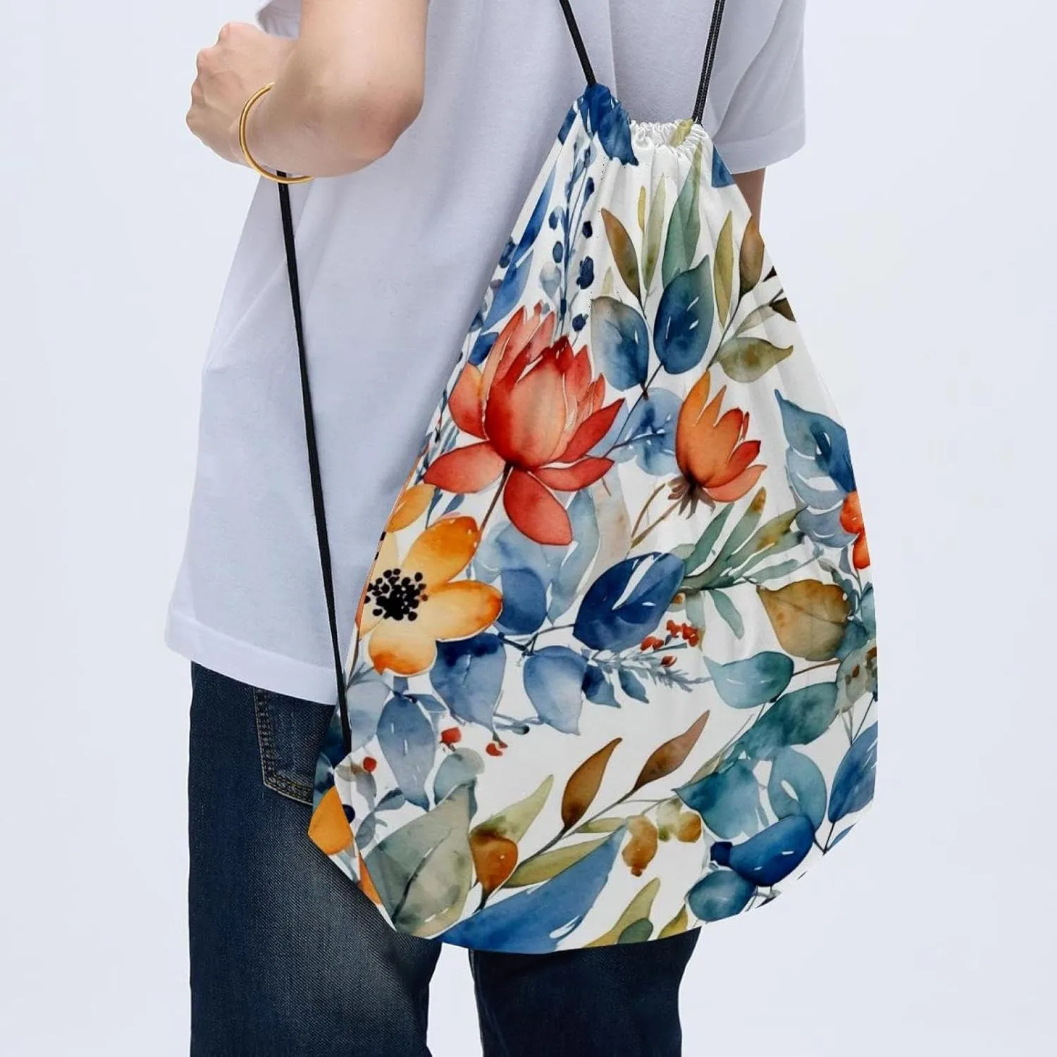 2PCS Flowers and Green Leaves Drawstring Bags Drawstring Gym Bag