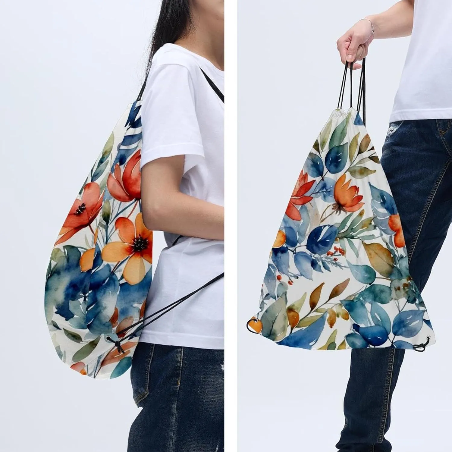 2PCS Flowers and Green Leaves Drawstring Bags Drawstring Gym Bag