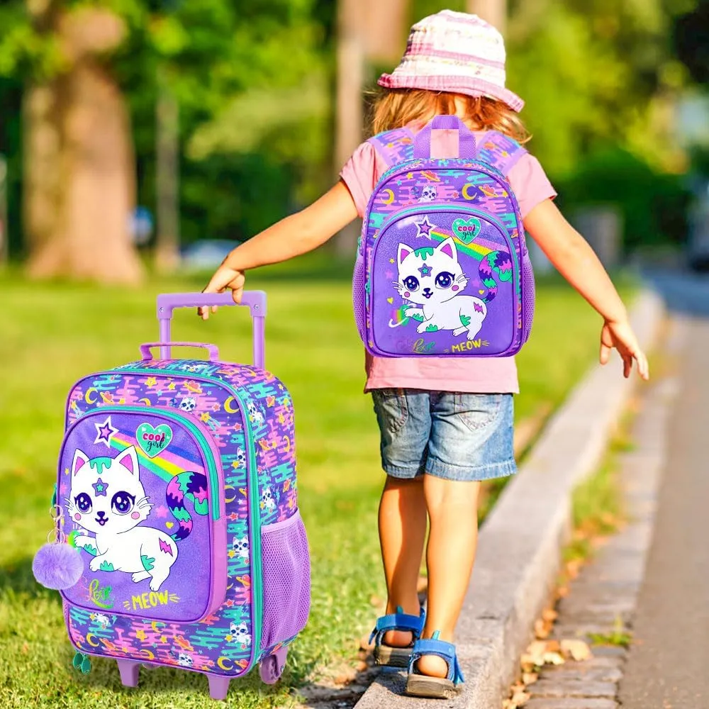2Pcs Kids Suitcase for Girls, 18" Cat Carry on Luggage Set with Wheels, Cute Travel Rolling with 12" Toddler Backpack(Purple)
