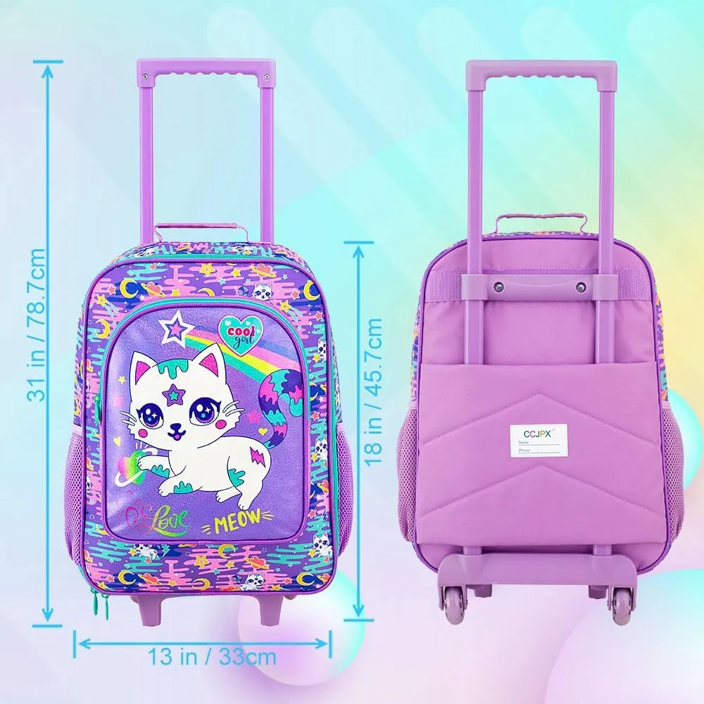 2Pcs Kids Suitcase for Girls, 18" Cat Carry on Luggage Set with Wheels, Cute Travel Rolling with 12" Toddler Backpack(Purple)
