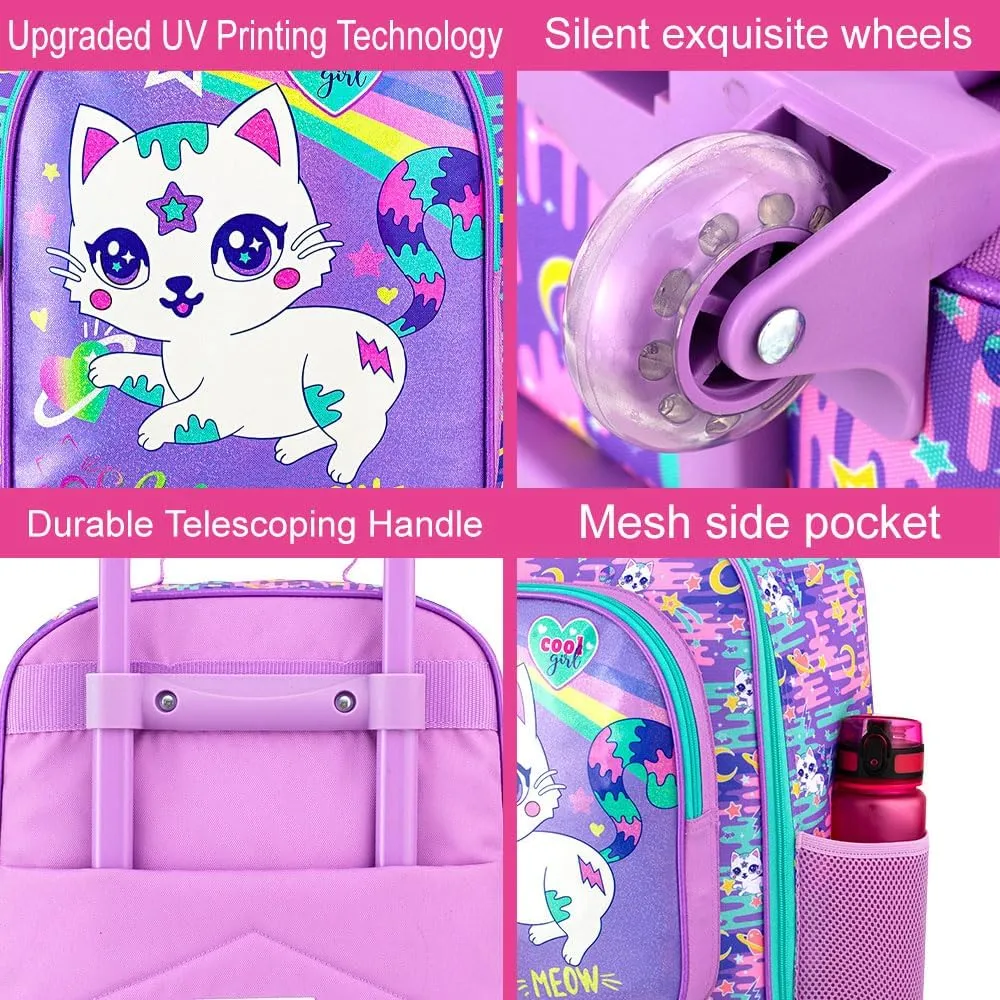 2Pcs Kids Suitcase for Girls, 18" Cat Carry on Luggage Set with Wheels, Cute Travel Rolling with 12" Toddler Backpack(Purple)