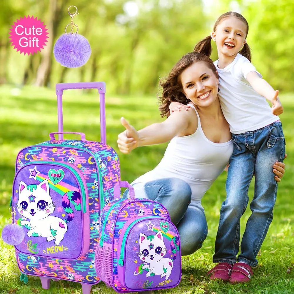 2Pcs Kids Suitcase for Girls, 18" Cat Carry on Luggage Set with Wheels, Cute Travel Rolling with 12" Toddler Backpack(Purple)