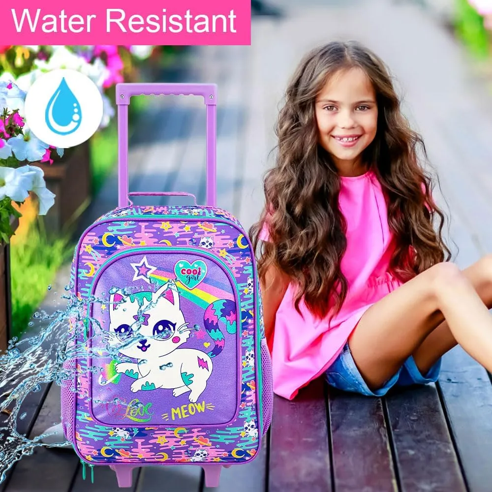 2Pcs Kids Suitcase for Girls, 18" Cat Carry on Luggage Set with Wheels, Cute Travel Rolling with 12" Toddler Backpack(Purple)