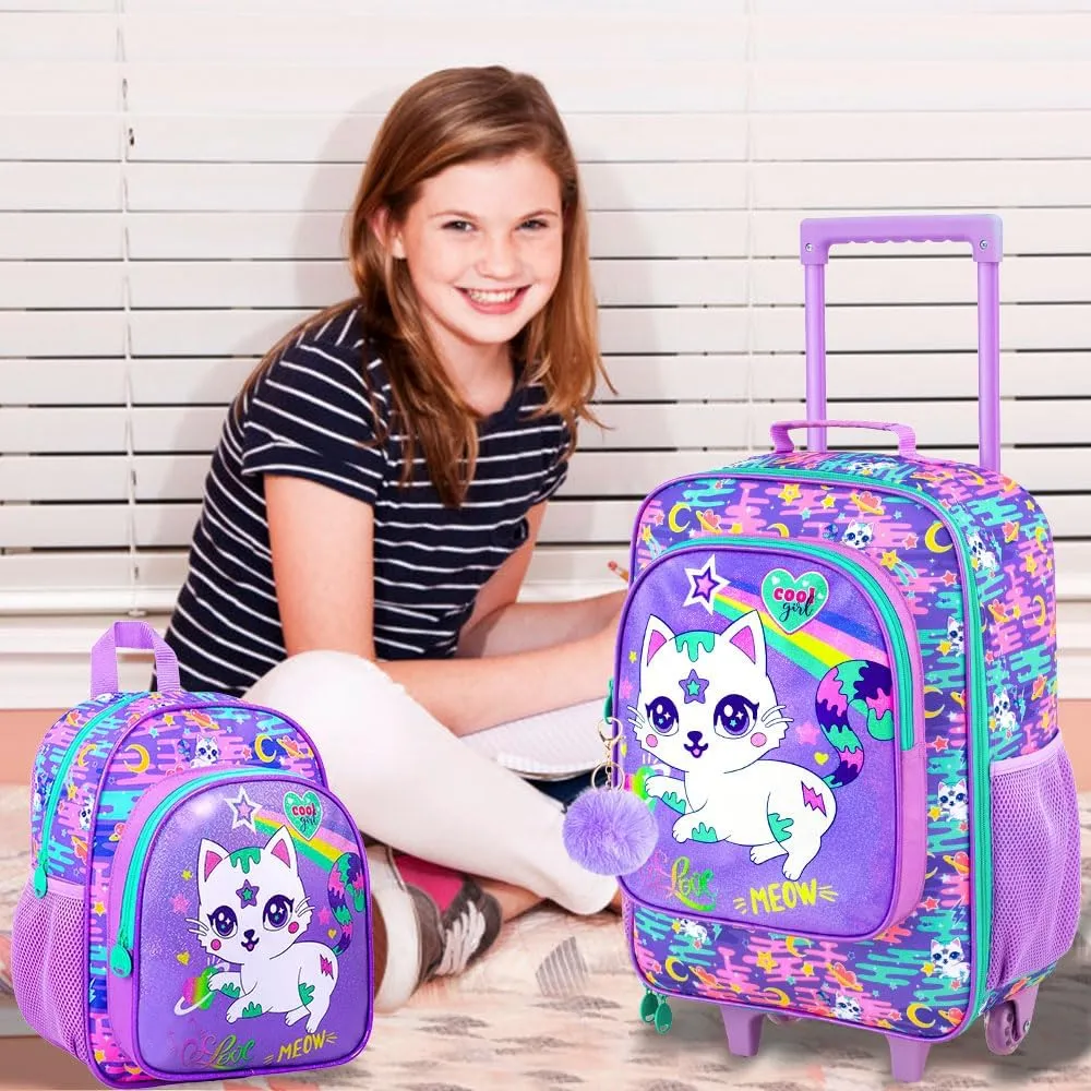 2Pcs Kids Suitcase for Girls, 18" Cat Carry on Luggage Set with Wheels, Cute Travel Rolling with 12" Toddler Backpack(Purple)