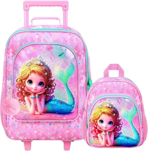 2Pcs Kids Suitcase for Girls, Carry on Rolling Luggage with Wheels, Mermaid Travel Suitcases Set with Toddler Backpack(Pink)