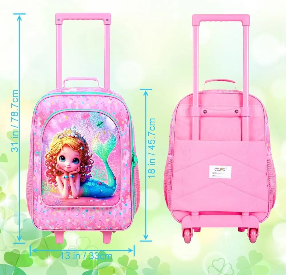 2Pcs Kids Suitcase for Girls, Carry on Rolling Luggage with Wheels, Mermaid Travel Suitcases Set with Toddler Backpack(Pink)
