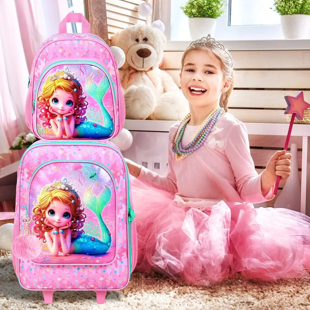 2Pcs Kids Suitcase for Girls, Carry on Rolling Luggage with Wheels, Mermaid Travel Suitcases Set with Toddler Backpack(Pink)