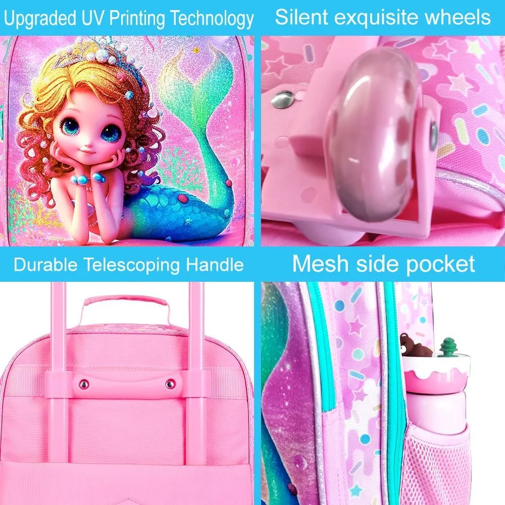 2Pcs Kids Suitcase for Girls, Carry on Rolling Luggage with Wheels, Mermaid Travel Suitcases Set with Toddler Backpack(Pink)